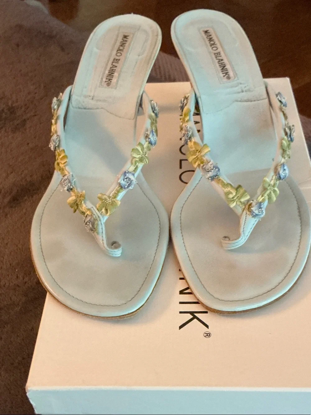 Vintage Manolo Blahnik Pale Blue Floral-Embellished Thong Sandals
